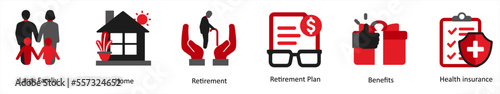 Six business icons in red and black as large family, home, retirement