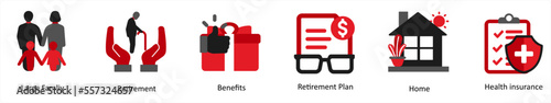 Six business icons in red and black as large family, retirement, benefits