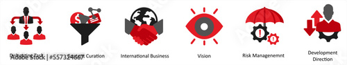 Six business icons in red and black as delegating task, content curation, international business