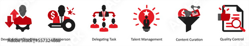 Six business icons in red and black as development direction, key person, delegating task