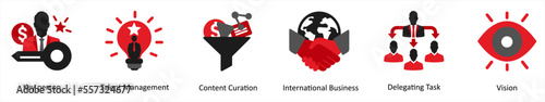 Six business icons in red and black as key person, talent management, content curation