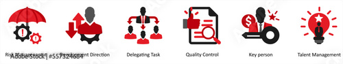 Six business icons in red and black as risk management, development direction, delegating task 