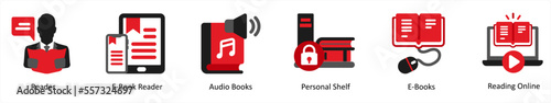 Six education icons in red and black as reader, e book reader, audio books