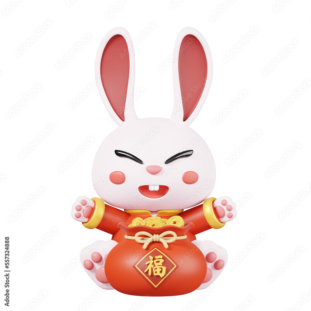 Rabbits in traditional clothing and lucky bag full of gold ingots isolated. Chinese new year elements icon. 3D render illustration. Text:Good fortune Rabbits in traditional clothing and lucky bag full of gold ingots isolated. Chinese new year elements icon. 3D render illustration. Text:Good fortune