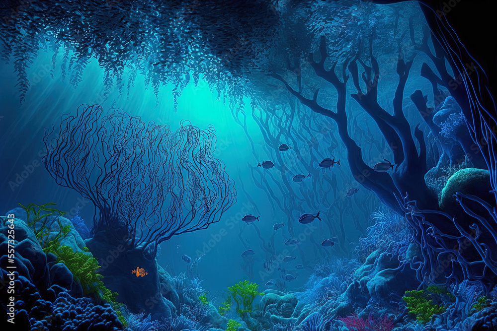 Obraz premium Blue idyll natural scene in the underwater realm of the ocean. Generative AI
