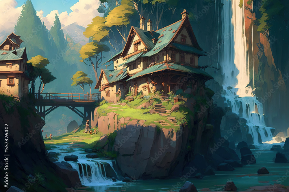 Ghilbli style hill house by the river with waterfall Ghilbli style hill house by the river with waterfall