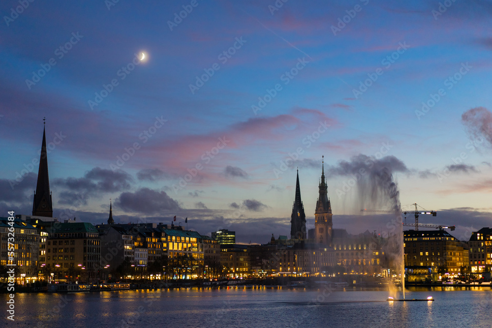 Evening colours of sunset over Alster lakes, Hamburg, German