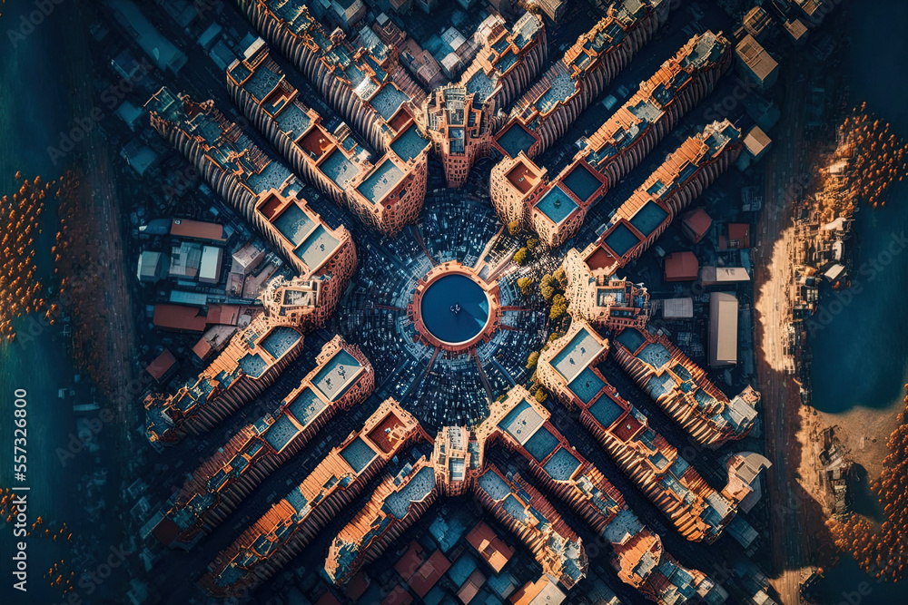 Spain's Barcelona seen from above by a drone. Multiple residential building  blocks and the Sagrada Familia. Generative AI Illustration Stock | Adobe  Stock