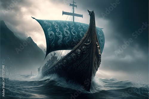 Vikings on the ship, water, storm Generative AI