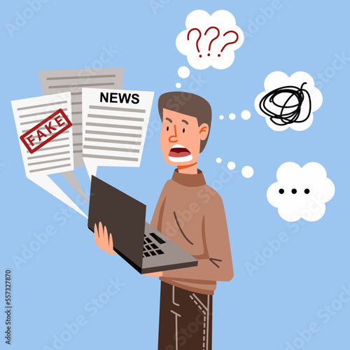 The boy reads the news on a laptop. A person is shocked by what is happening in the world, chaos in his head. Vector illustration in flat cartoon style.