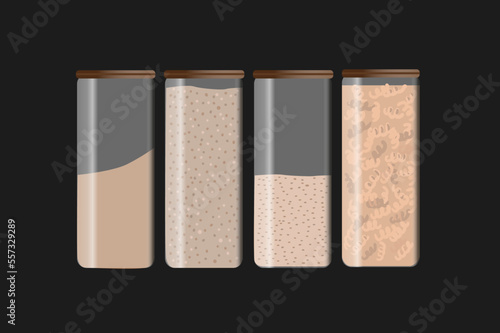 Kitchen food storage containers for pasta, flour, coffee beans, peas and hot peppers. Sealed plastic transparent boxes for dry bulk products. Set of vector colorful flat illustrations
