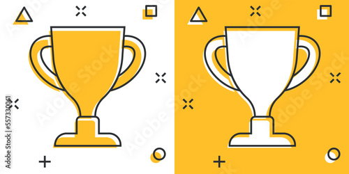 Trophy cup icon in comic style. Goblet prize cartoon vector illustration on isolated background. Award splash effect sign business concept.