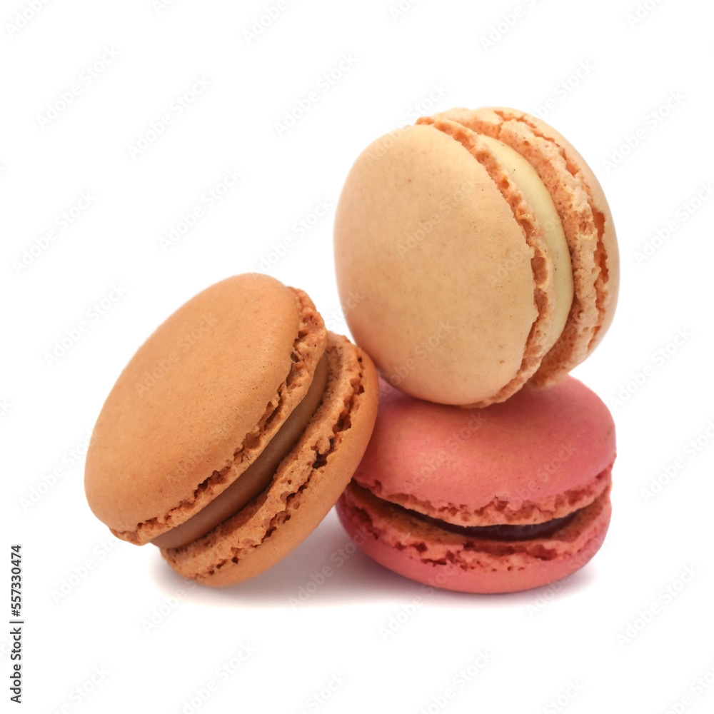French popular dessert meringue or almond cookie with filling cream or jam macaroons assorted in group closed up isolated on white French popular dessert meringue or almond cookie with filling cream or jam macaroons assorted in group closed up isolated on white