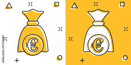 Money bag icon in comic style. Moneybag cartoon vector illustration on isolated background. Coin sack splash effect sign business concept.