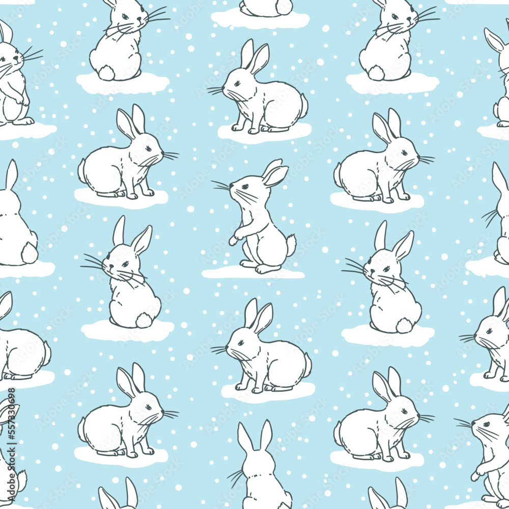 Vector seamless pattern. White bunnies in the snow