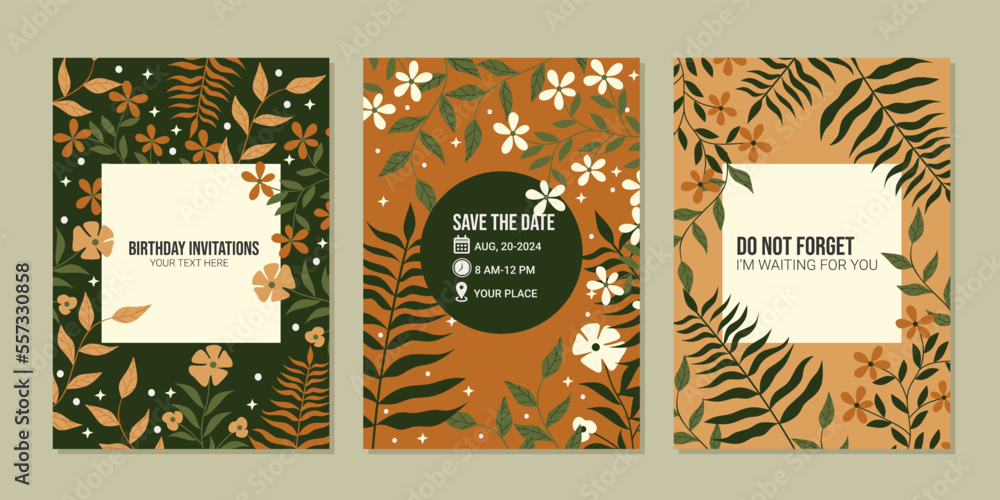 Fototapeta premium Universal hand drawn floral templates in warm colors perfect for an autumn or summer wedding and birthday invitations, menu, cover. Vector illustration.