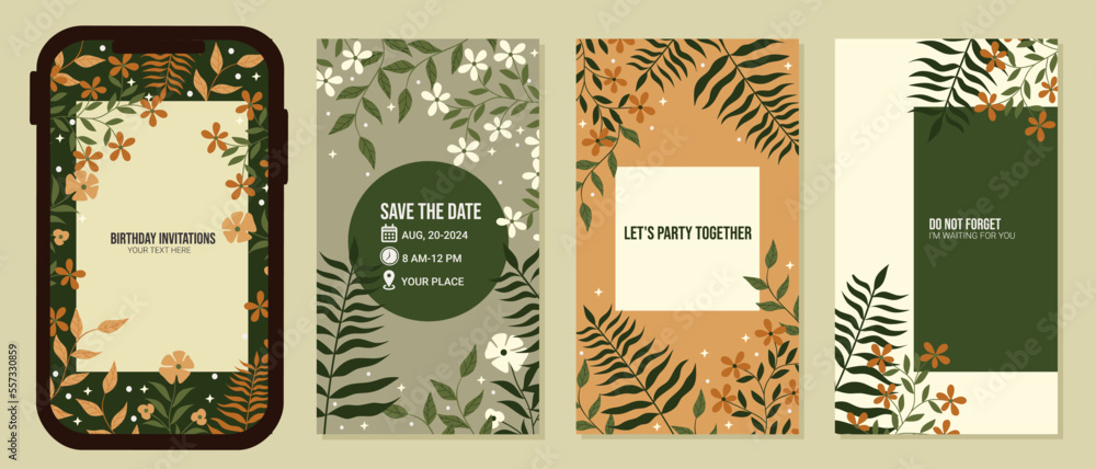 birthday invitation templates. social media stories. foliage hand drawn style. use for online invitations birthday invitation templates. social media stories. foliage hand drawn style. use for online invitations