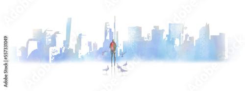 A backpacker stands amongst a flock of pigeons looking over the metropolis. Digital painting. Vector illustration stlye watercolor.