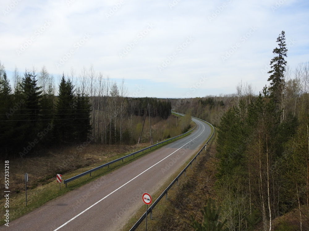 Naklejka premium Asphalted highway road in nature forest arial view