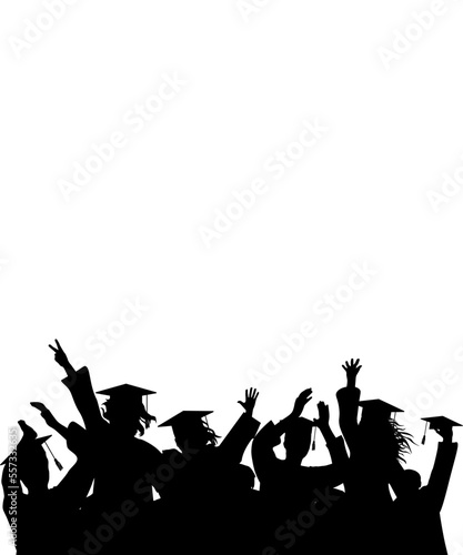 Cheerful graduate students with academic caps, silhouette. Graduation at university or college or school.  Isolated vertical banner. Vector illustration.