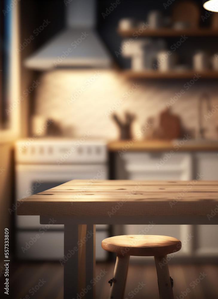 Blurred kitchen interior. Wooden table background of free space for your decoration and blurred background of kitchen. Generate by AI. Blurred kitchen interior. Wooden table background of free space for your decoration and blurred background of kitchen. Generate by AI.