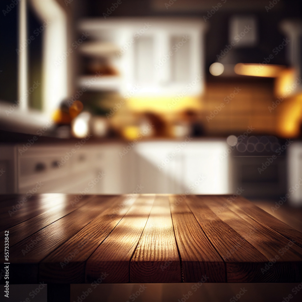 Blurred kitchen interior. Wooden table background of free space for your decoration and blurred background of kitchen. Generate by AI.