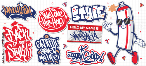 A set of colorful or vibrant graffiti art stickers. Street art theme, urban style for T-shirt design, graffiti design for wallpaper, wall art or print art designs.