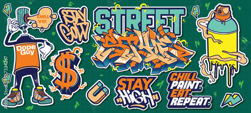 A set of colorful or vibrant graffiti art stickers. Street art theme, urban style for T-shirt design, graffiti design for wallpaper, wall art or print art designs.