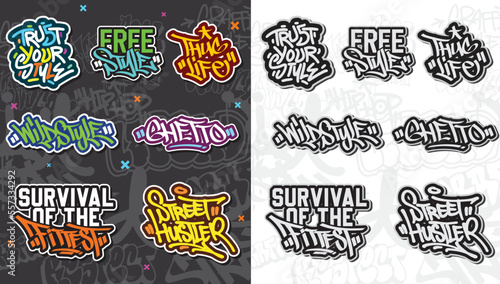 A set of colorful or vibrant graffiti art stickers. Street art theme, urban style for T-shirt design, graffiti design for wallpaper, wall art or print art designs.