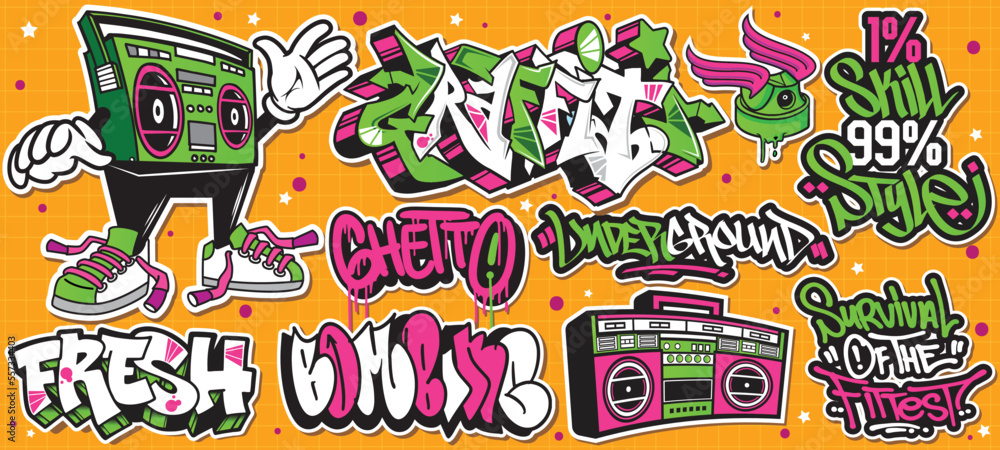 A set of colorful or vibrant graffiti art stickers. Street art theme, urban  style for T-shirt design, graffiti design for wallpaper, wall art or print  art designs. Stock Vector | Adobe Stock