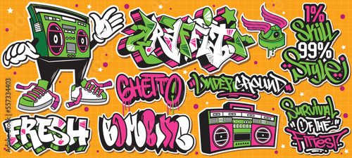 A set of colorful or vibrant graffiti art stickers. Street art theme, urban style for T-shirt design, graffiti design for wallpaper, wall art or print art designs.