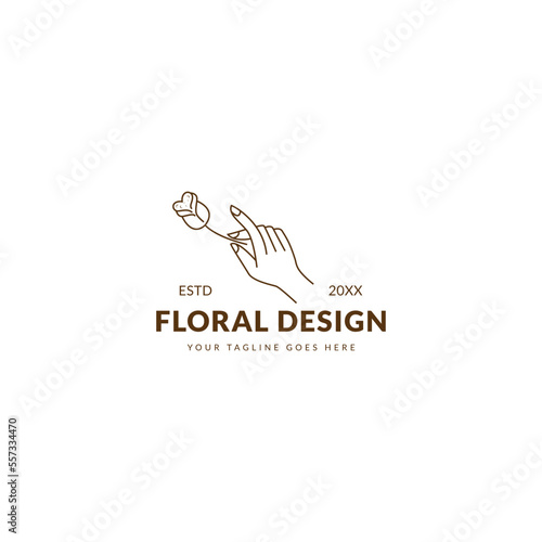Female hand logo in minimalistic linear style. Vector emblem with hand holding flower gesture.
