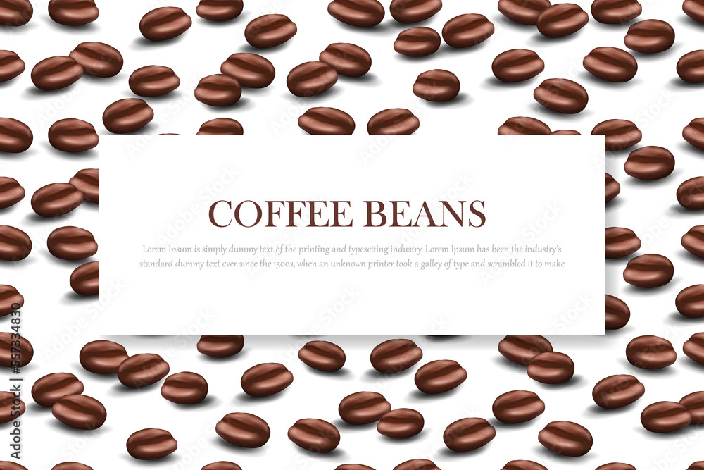 Banner with spilled coffee beans at the top and bottom of the image and with space for text in the middle. Realistic 3d vector graphics with shadows