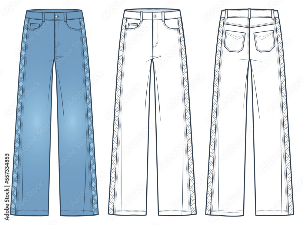 Jeans Pants technical fashion illustration, blue design. Denim Pants fashion flat technical drawing template, medium waist, side weave, front and back view, white, women, men, unisex CAD mockup set.