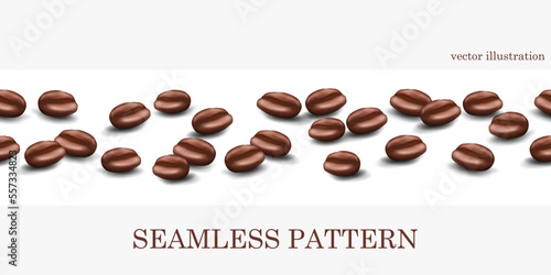 Seamless thin horizontal pattern of realistic vector 3d coffee bean icons with shadows isolated on white background