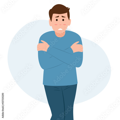 Man shivering in the cold. Boy trembling feeling cold hugging herselfWinter season.Cold Weather, Freeze. Vector illustration