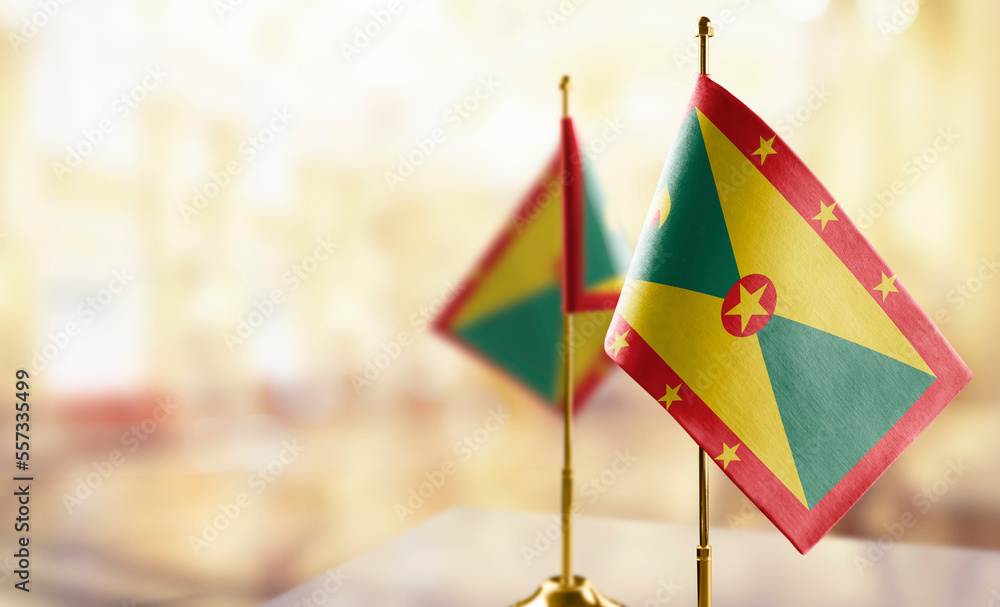 Small flags of the Grenada on an abstract blurry background