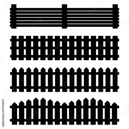 wooden fence silhouettes in set isolated on white background