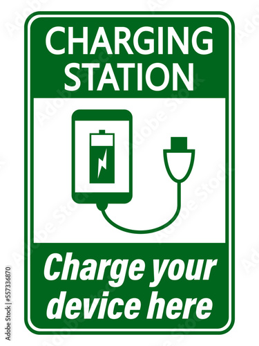 Charge your devices here. Information sign for recharging battery of mobile phone, tablets and other electric devices in mall or public place	