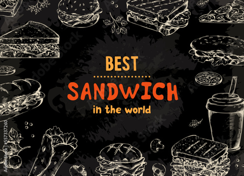 Chalkboard fast food drawing, hand drawn club sandwich, pizza and bagel. Menu wrap, sketch style on blackboard for bar, white snacks on black. Circle frame. Vector illustration background