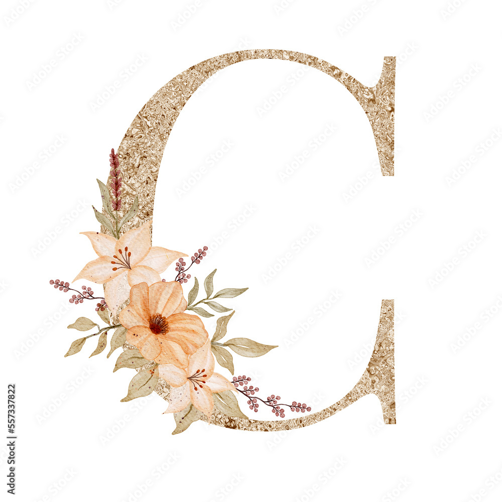 Floral alphabet, gold letter with watercolor flowers and leaf Stock ...