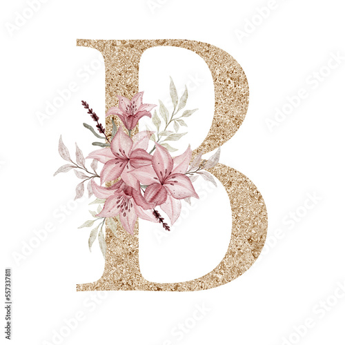 Floral alphabet, gold letter with watercolor flowers and leaf 