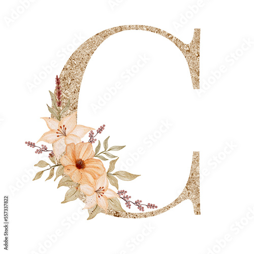 Floral alphabet, gold letter with watercolor flowers and leaf 