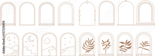 Arches and windows abstract logo set with palm leaf and moon design templates in trendy linear minimal style.