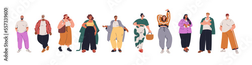 Happy people with plus-size curvy figures. Body-positive fat men, plump women. Modern pretty chubby chunky stout male and female characters. Flat vector illustrations isolated on white background