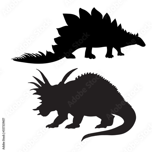 Dinosaur silhouette. Dinosaurs and Jurassic dino monsters icons. Vector silhouette of triceratops or T-rex, brontosaurus and stegosaurus, ceratosaurus and parasaurolophus reptile
