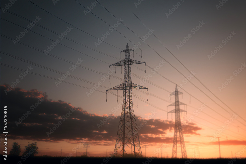 power lines at sunset. generated AI