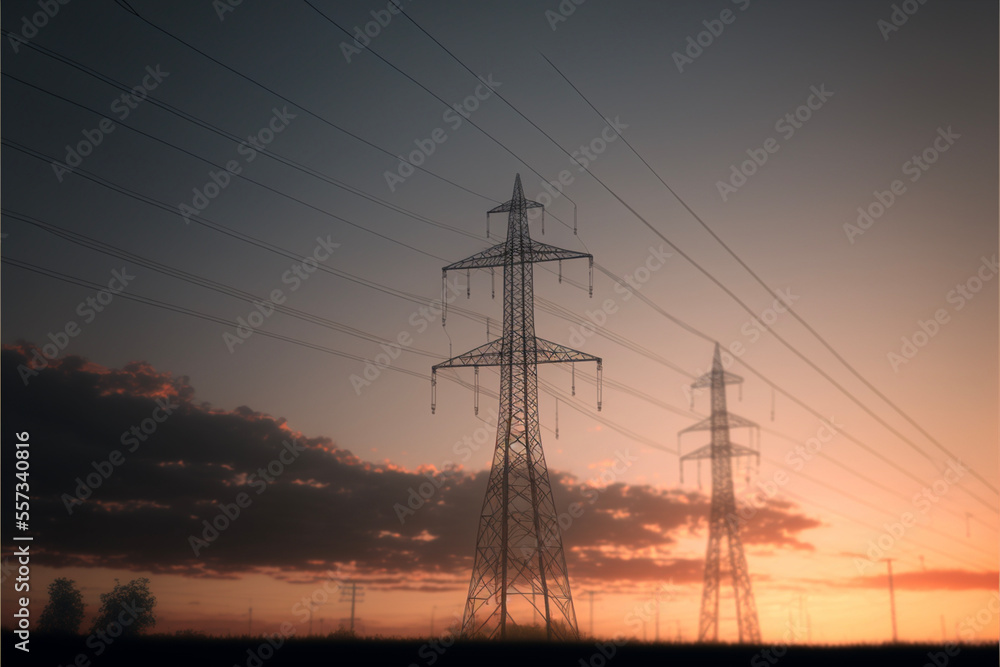 Fototapeta premium power lines at sunset. generated AI