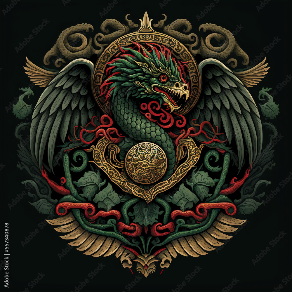 Quetzalcoatl illustration, serpent with precious feathers, god of Mayan and Mesoamerican culture. Generative AI.