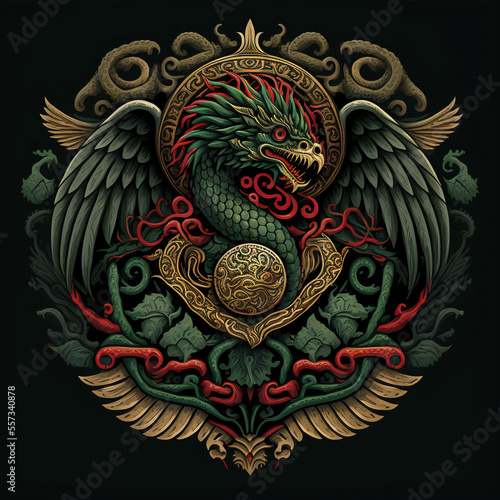 Quetzalcoatl illustration  serpent with precious feathers  god of Mayan and Mesoamerican culture. Generative AI.